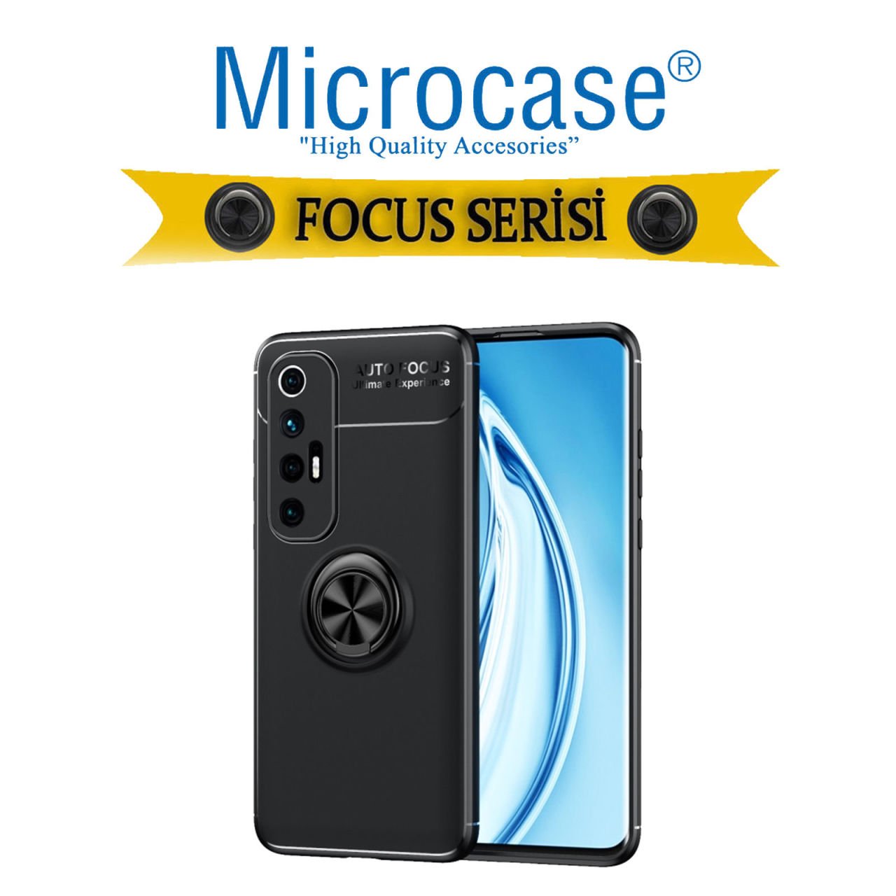Microcase Xiaomi Mi 10S Focus Serisi Yüzük Standlı Silikon Kılıf - Siyah