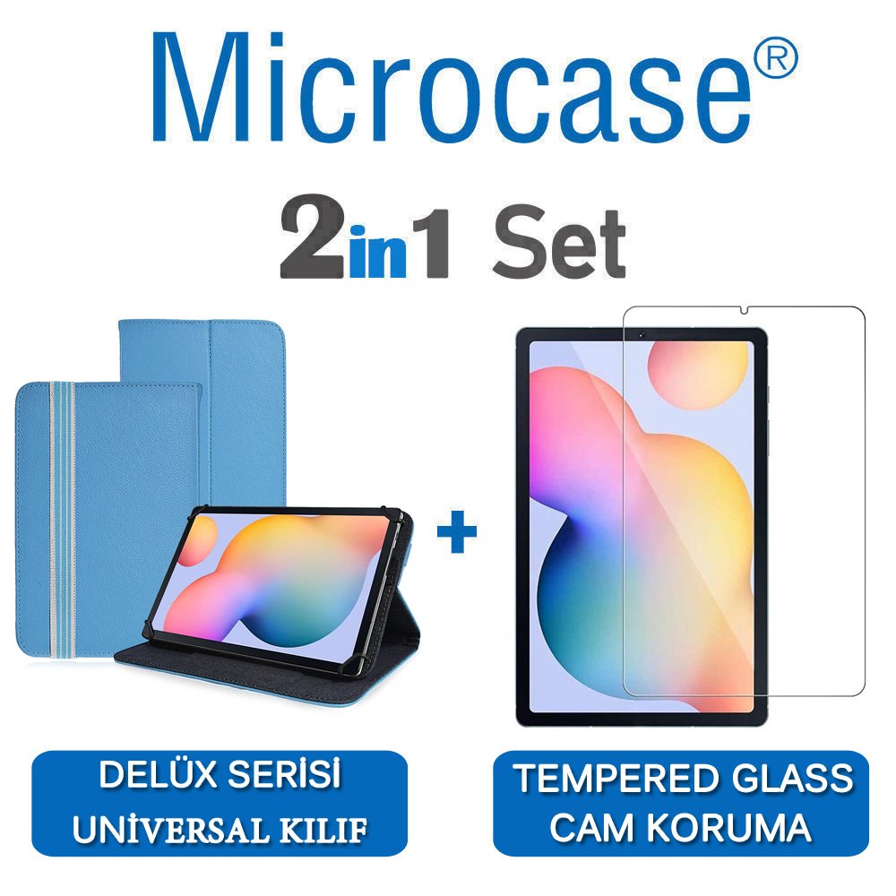 Microcase Samsung Galaxy Tab S6 Lite 10.4 P610 Delüx Serisi Universal Standlı Deri Kılıf - Turkuaz + Tempered Glass Cam Koruma