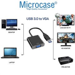 Microcase USB 3.0 To VGA Adaptör - 20 cm Siyah (USB 3.0 ve USB 2.0 Destekler) - AL2619