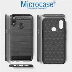 Microcase Samsung Galaxy A10s Brushed Carbon Fiber Silikon Kılıf Siyah + Tam Kaplayan Çerçeveli Cam