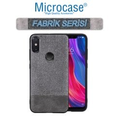 Microcase Xiaomi Mi 8 Fabrik Serisi Kumaş ve Deri Desen Kılıf - Gri + Tempered Glass Cam Koruma