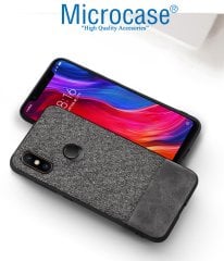 Microcase Xiaomi Mi 8 Fabrik Serisi Kumaş ve Deri Desen Kılıf - Gri + Tempered Glass Cam Koruma