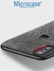 Microcase Xiaomi Mi 8 Fabrik Serisi Kumaş ve Deri Desen Kılıf - Gri + Tempered Glass Cam Koruma