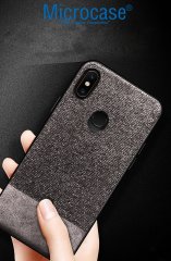 Microcase Xiaomi Mi 8 Fabrik Serisi Kumaş ve Deri Desen Kılıf - Gri