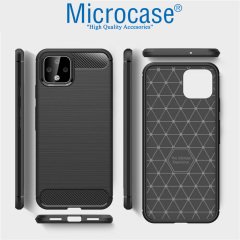 Microcase Google Pixel 4 XL Brushed Carbon Fiber Silikon Kılıf - Siyah + Tempered Glass Cam Koruma