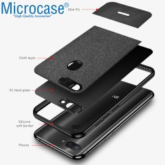Microcase Xiaomi Mi 8 Lite Fabrik Serisi Kumaş ve Deri Desen Kılıf - Siyah
