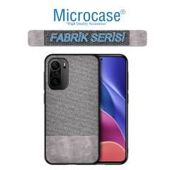 Microcase Xiaomi Poco F3 Fabrik Serisi Kumaş ve Deri Desen Kılıf (SEÇENEKLİ) Gri