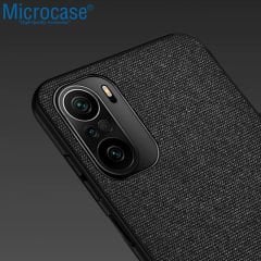 Microcase Xiaomi Poco F3 Fabrik Serisi Kumaş ve Deri Desen Kılıf (SEÇENEKLİ) Gri
