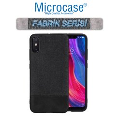 Microcase Xiaomi Mi 8 Pro Fabrik Serisi Kumaş ve Deri Desen Kılıf - Siyah + Tempered Glass Cam Koruma