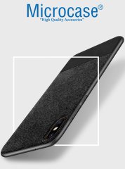 Microcase Xiaomi Mi 8 Pro Fabrik Serisi Kumaş ve Deri Desen Kılıf - Siyah + Tempered Glass Cam Koruma