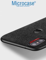 Microcase Xiaomi Redmi Note 6 Pro Fabrik Serisi Kumaş ve Deri Desen Kılıf - Siyah + Tempered Glass Cam Koruma