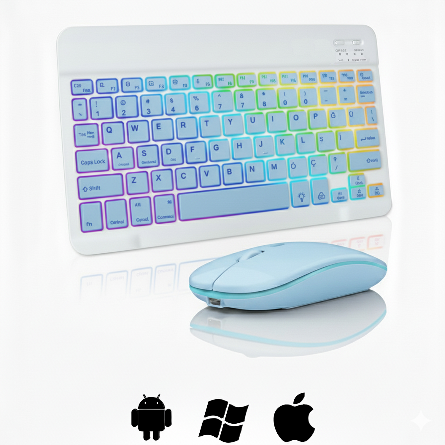 Microcase RGB Tablet ve Telefonlar için Türkçe Bluetooth Klavye ve Mouse Set - AL7815 Mavi