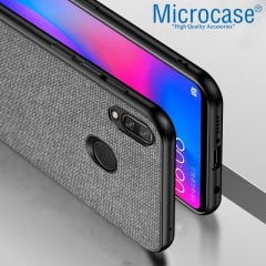 Microcase Xiaomi Redmi Note 7 - Redmi Note 7 Pro Fabrik Serisi Kumaş ve Deri Desen Kılıf - Gri + Tempered Glass Cam Koruma