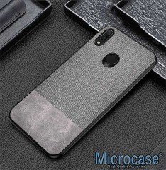 Microcase Xiaomi Redmi Note 7 - Redmi Note 7 Pro Fabrik Serisi Kumaş ve Deri Desen Kılıf - Gri + Tempered Glass Cam Koruma