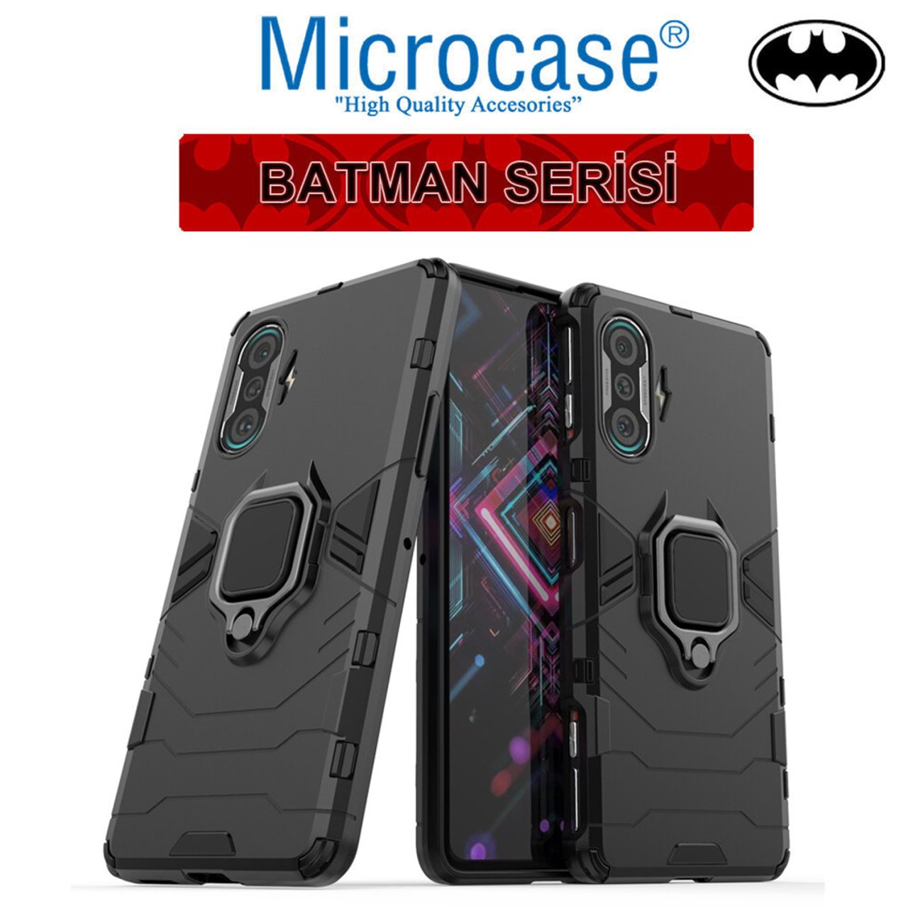 Microcase Xiaomi Poco F3 GT Batman Serisi Yüzük Standlı Armor Kılıf - Siyah