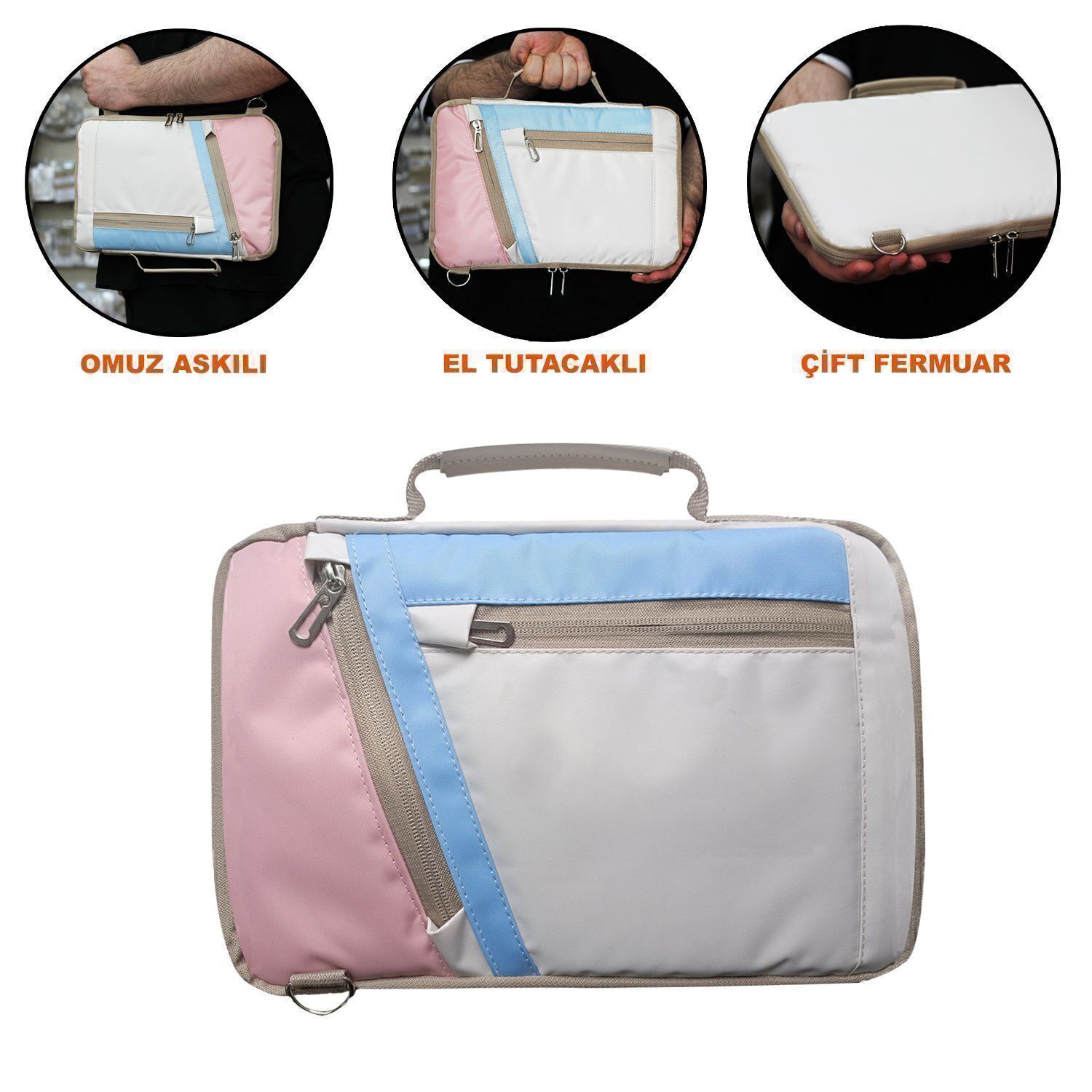 Microcase Apple iPad Air 13 2026 ile uyumlu Omuz Askılı El Tutacaklı Universal Sleeve Taşıma Çantası AL4346 Pembe Mavi Krem