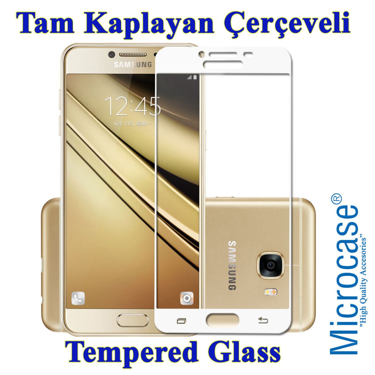 Galaxy C7 Pro Tam Kaplayan Çerçeveli Tempered Ekran Koruma-BEYAZ