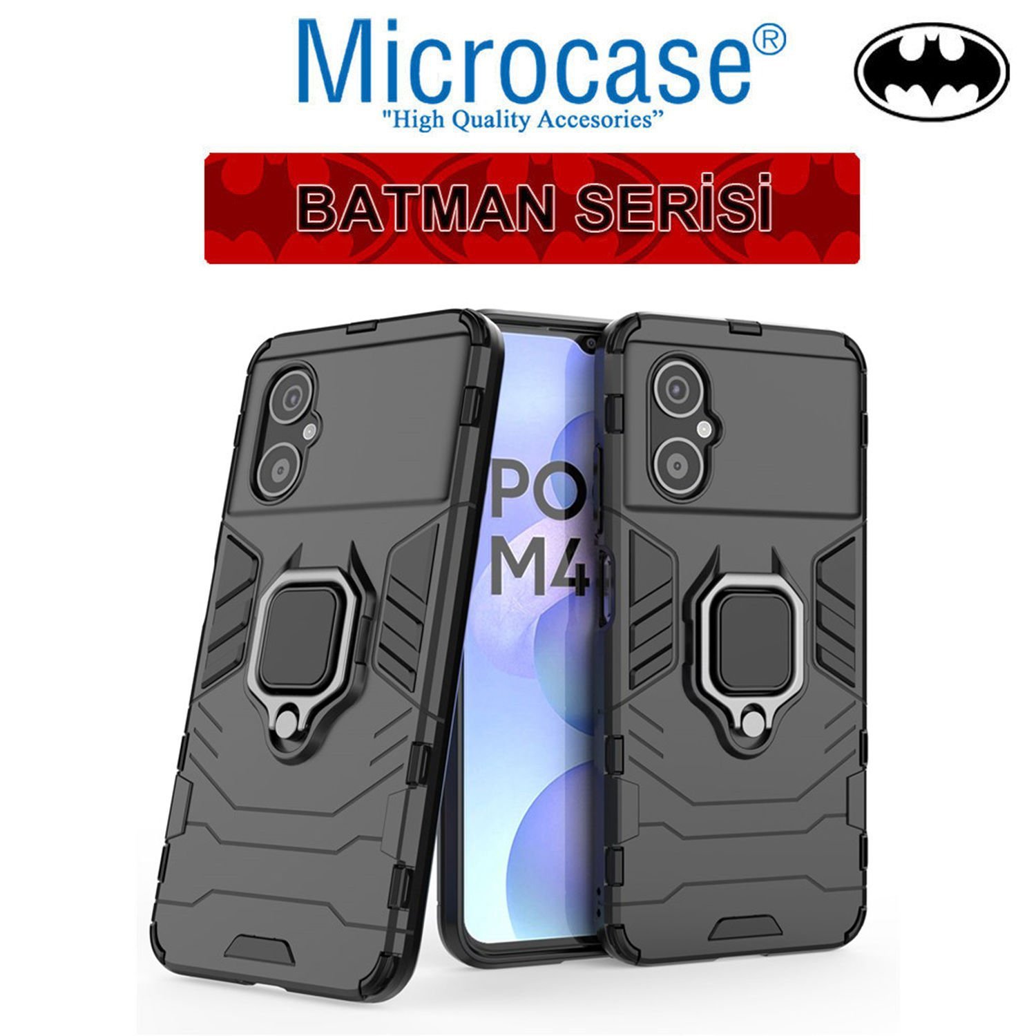 Microcase Xiaomi Poco M4 5G Batman Serisi Yüzük Standlı Armor Kılıf - Siyah