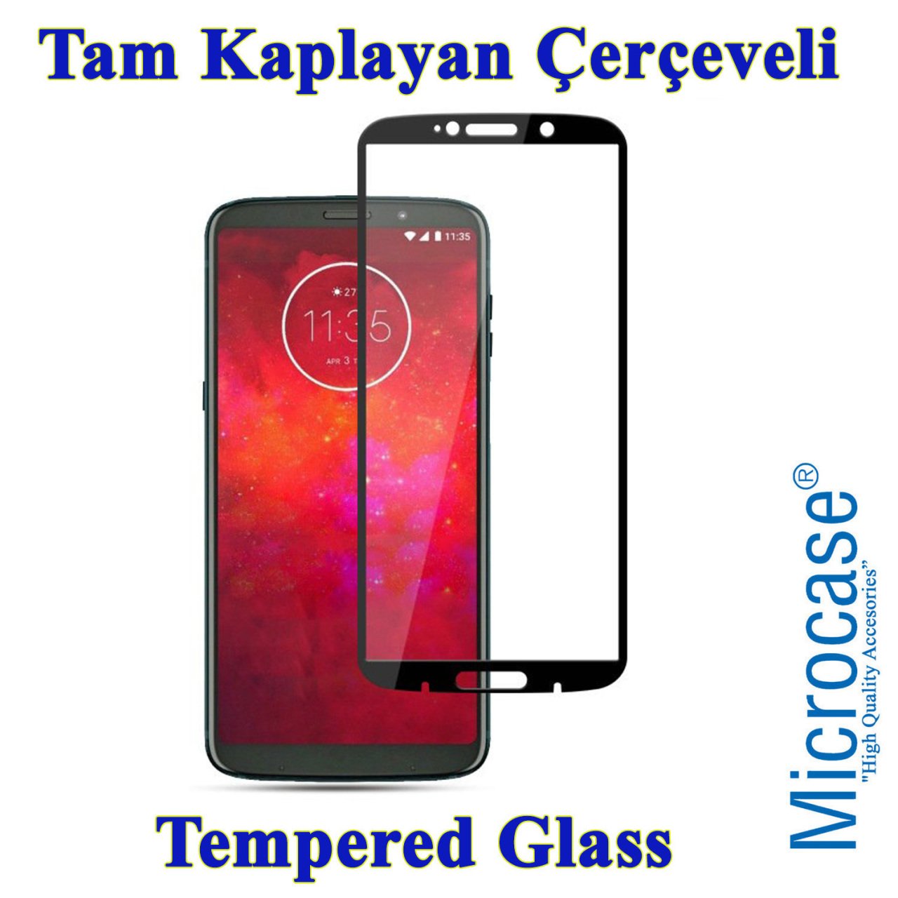 Microcase Moto Z3 Play Tam Kaplayan Çerçeveli Tempered Ekran Koru