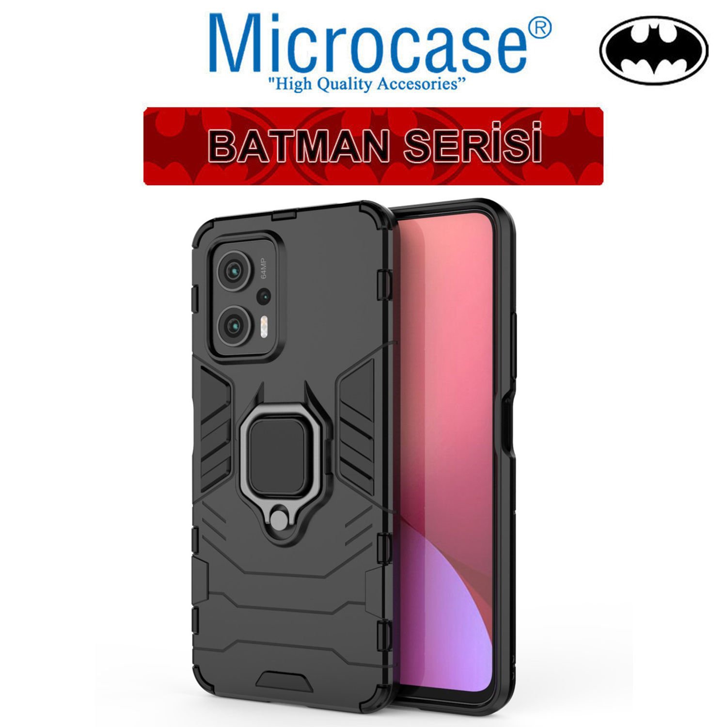 Microcase Xiaomi Poco X4 GT Batman Serisi Yüzük Standlı Armor Kılıf - Siyah