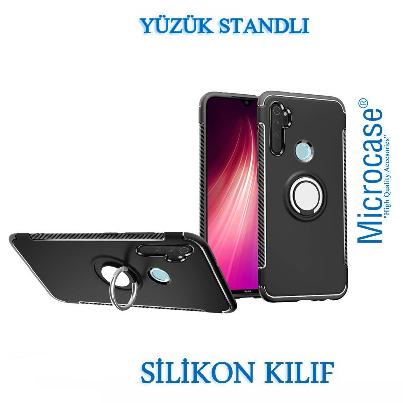 Microcase Xiaomi Redmi Note 8 Yüzük Standlı Armor Silikon Kılıf - Siyah