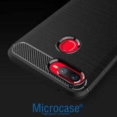 Microcase Oppo A5S Brushed Carbon Fiber Silikon Kılıf - Siyah + Tempered Glass Cam Koruma