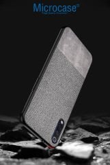 Microcase Xiaomi Mi 9 Lite Fabrik Serisi Kumaş ve Deri Desen Kılıf - Gri