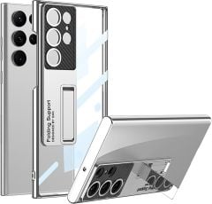 Samsung Galaxy S23 Ultra ile uyumlu Standlı Kristal Sert Plastik Kılıf - AL3564 (Gümüş)