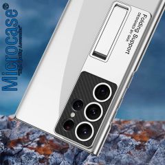 Samsung Galaxy S23 Ultra ile uyumlu Standlı Kristal Sert Plastik Kılıf - AL3564 (Gümüş)