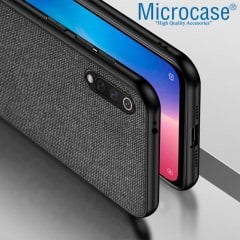 Microcase Xiaomi Mi CC9e - Mi A3 Fabrik Serisi Kumaş ve Deri Desen Kılıf - Siyah + Tempered Glass Cam Koruma