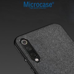Microcase Xiaomi Mi CC9e - Mi A3 Fabrik Serisi Kumaş ve Deri Desen Kılıf - Siyah + Tempered Glass Cam Koruma