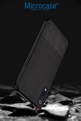 Microcase Xiaomi Mi CC9e - Mi A3 Fabrik Serisi Kumaş ve Deri Desen Kılıf - Siyah + Tempered Glass Cam Koruma
