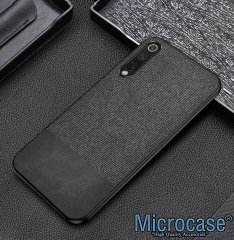Microcase Xiaomi Mi CC9e - Mi A3 Fabrik Serisi Kumaş ve Deri Desen Kılıf - Siyah + Tempered Glass Cam Koruma