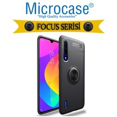 Microcase Xiaomi Mi A3 - Mi CC9e Focus Serisi Yüzük Standlı Silikon Kılıf - Siyah + Tempered Glass Cam Koruma