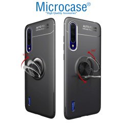 Microcase Xiaomi Mi A3 - Mi CC9e Focus Serisi Yüzük Standlı Silikon Kılıf - Siyah + Tempered Glass Cam Koruma