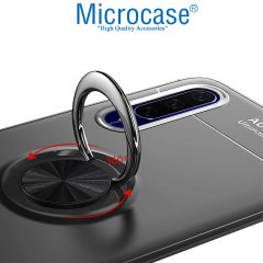 Microcase Xiaomi Mi A3 - Mi CC9e Focus Serisi Yüzük Standlı Silikon Kılıf - Siyah + Tempered Glass Cam Koruma