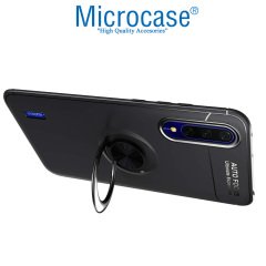 Microcase Xiaomi Mi A3 - Mi CC9e Focus Serisi Yüzük Standlı Silikon Kılıf - Siyah + Tempered Glass Cam Koruma