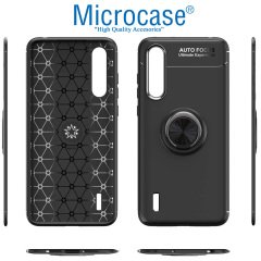 Microcase Xiaomi Mi A3 - Mi CC9e Focus Serisi Yüzük Standlı Silikon Kılıf - Siyah + Tempered Glass Cam Koruma