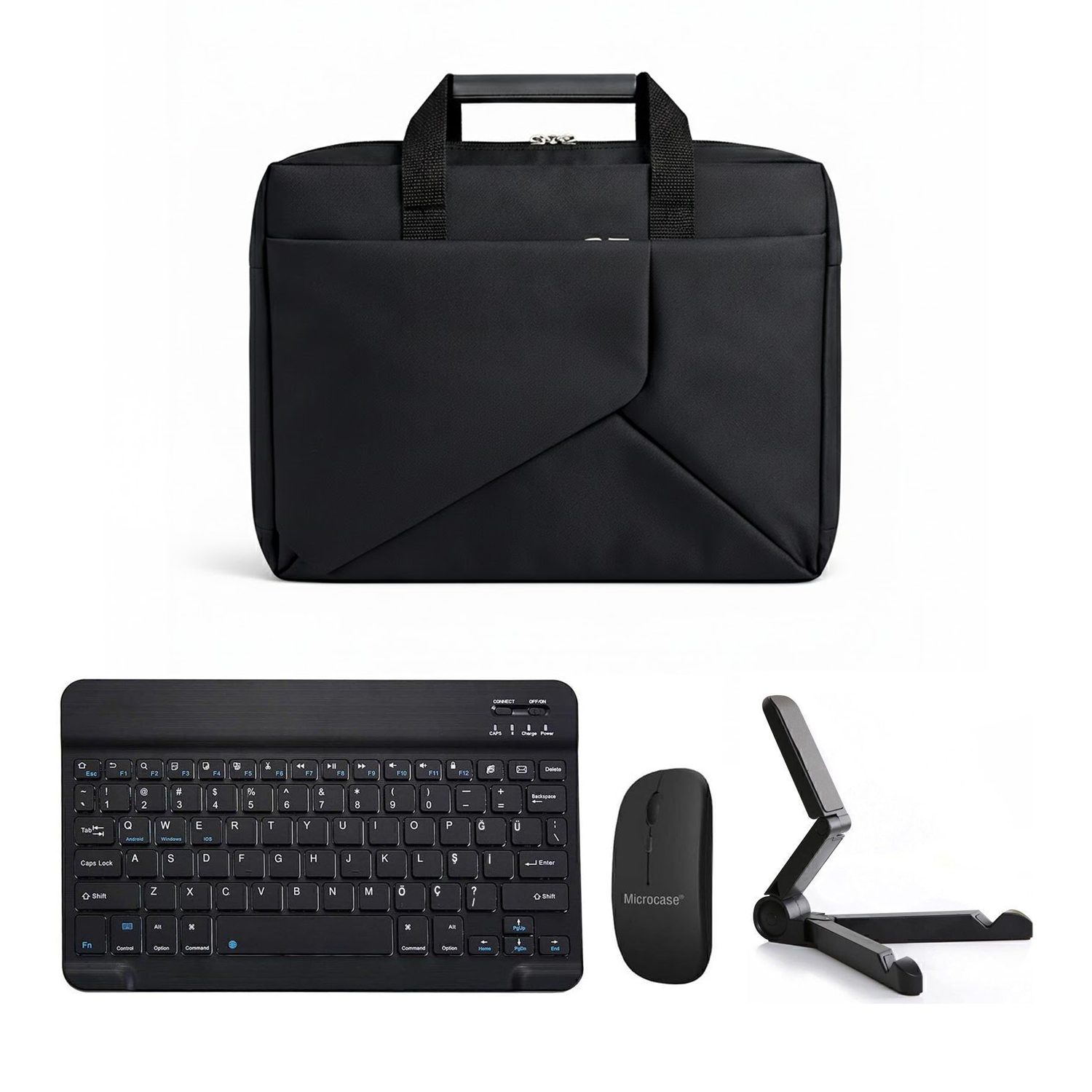 Microcase ONEPLUS Pad 4 13.2 inch ile uyumlu Macbook Laptop Çantası 2 Bölmeli + Bluetooth Klavye+Mouse+Tablet Standı Siyah AL5568