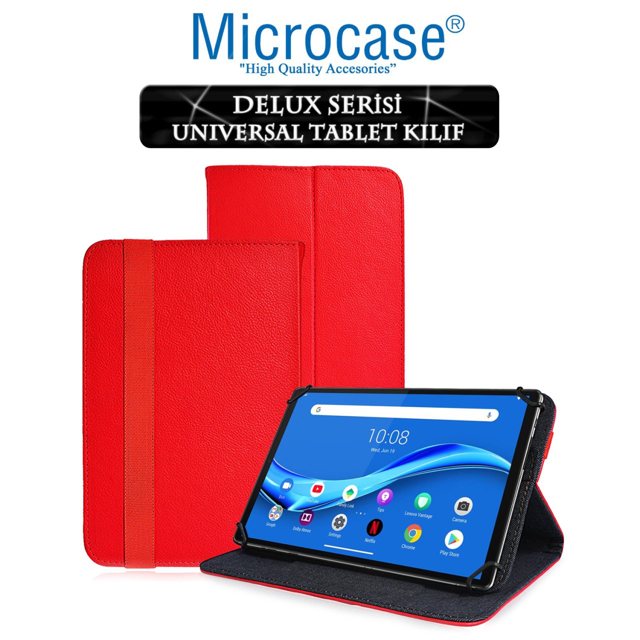 Microcase Lenovo M10 FHD Plus 10.3'' TB-X606 Delüx Serisi Universal Standlı Deri Kılıf - Kırmızı