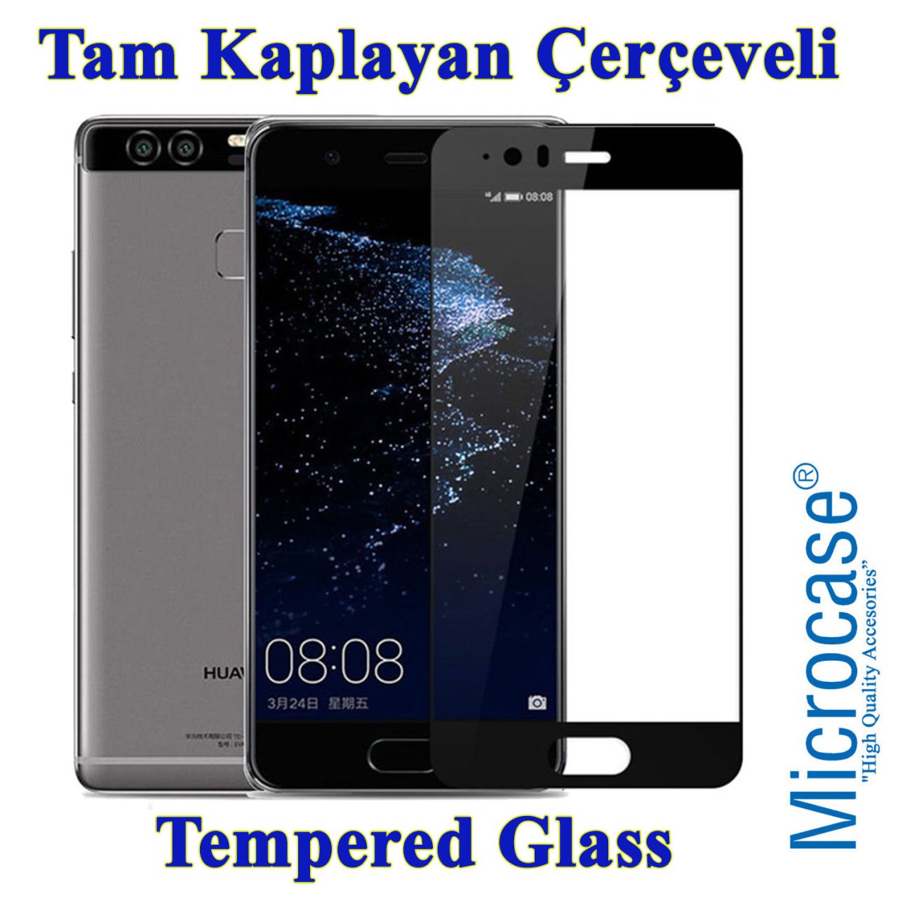 Huawei P10 Tam Kaplayan Çerçeveli Tempered Ekran Koruyucu-SİYAH