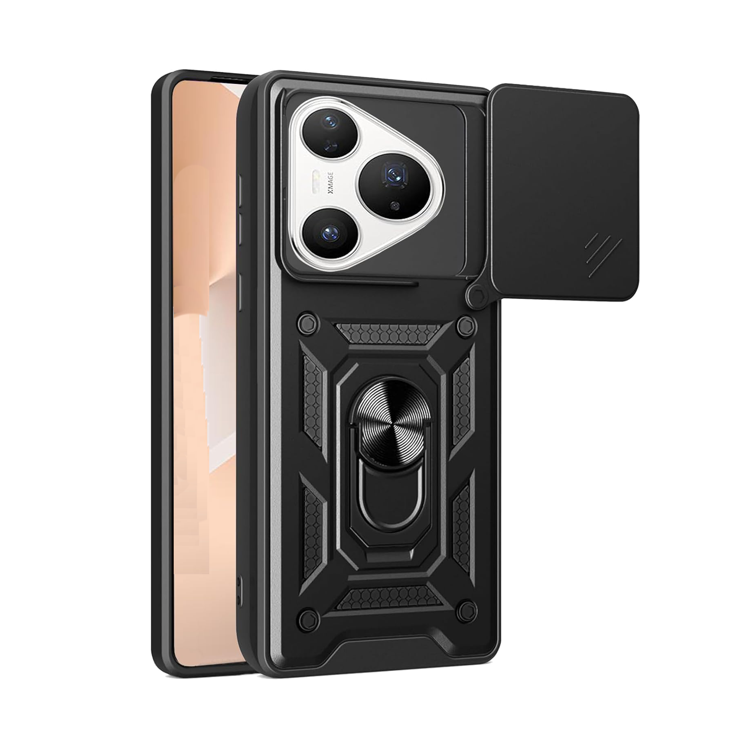 Microcase Huawei Pura 80 / Pura 70 QUBEC Serisi Kamera Kapaklı Yüzük Standlı Kılıf-AL5117