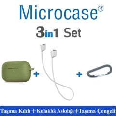 Microcase Airpods Pro Kulaklık ve Şarj Ünitesi için Silikon Kılıf + Kulaklık Askılık + Çengel - Yeşil