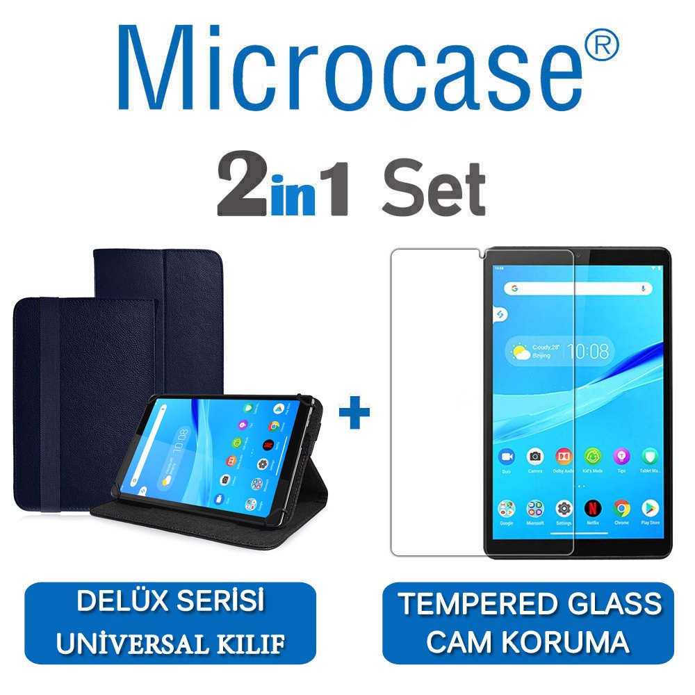 Microcase Lenovo Tab M8 TB-8505F Delüx Serisi Universal Standlı Deri Kılıf - Lacivert + Tempered Glass Cam Koruma
