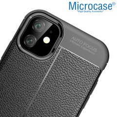 Microcase iPhone 11 Leather Tpu Silikon Kılıf - Siyah + Tempered Glass Cam Koruma