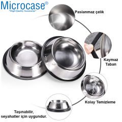 Microcase 2 Adet 22 cm 500 ml Kedi Köpek Metal Mama ve Su Kabı - AL3119