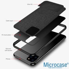 Microcase Apple iPhone 11 Pro Max Fabrik Serisi Kumaş ve Deri Desen Kılıf - Siyah