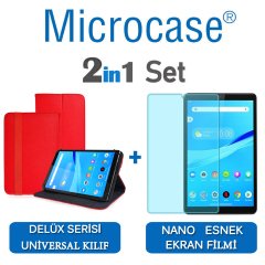 Microcase Lenovo Tab M8 TB-8505F Delüx Serisi Universal Standlı Deri Kılıf - Kırmızı + Nano Esnek Ekran Koruma Filmi