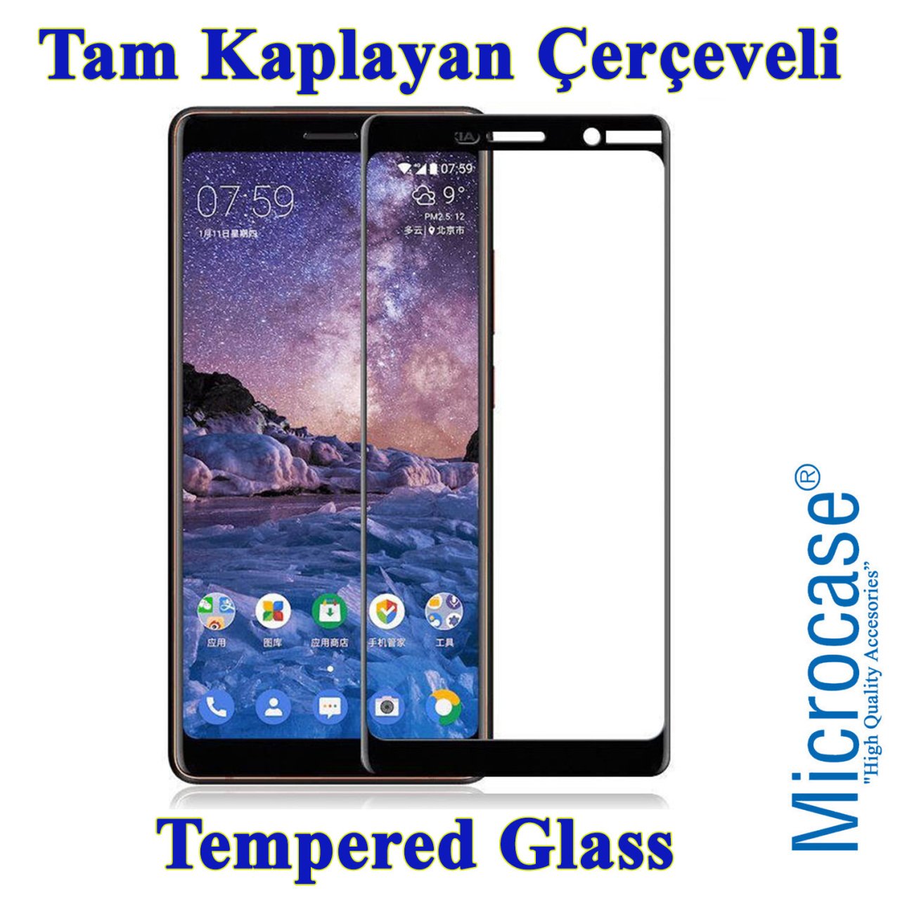 Nokia 7 Plus Tam Kaplayan Çerçeveli Tempered Ekran Koruyucu