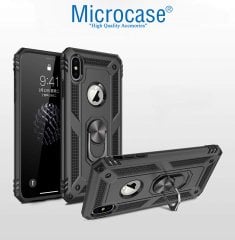 Microcase iPhone XS Max Anka Serisi Yüzük Standlı Armor Kılıf Siyah + Tempered Glass Cam Koruma